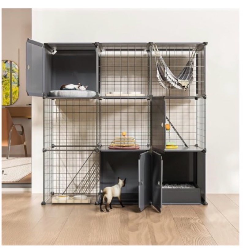Cat Cage Cat Enclosure with Litter Box & Clear Sliding Door, Expandable Cat Playpen, Detachable Meta