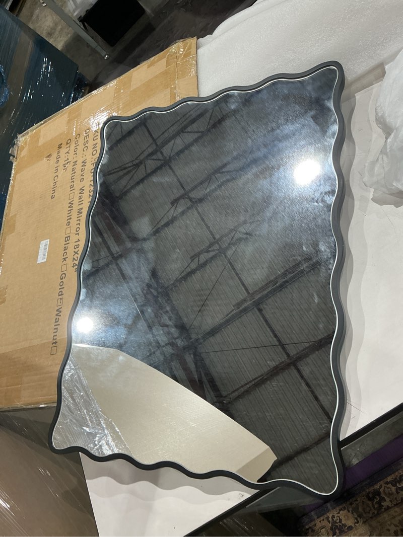 Condition photo showing Good Condition for gold wavy mirror whit wood frame, 18" x 24" small rectangle boho mirror for nursery wall decor, bathroom vanity, bedroom, living room, entryway