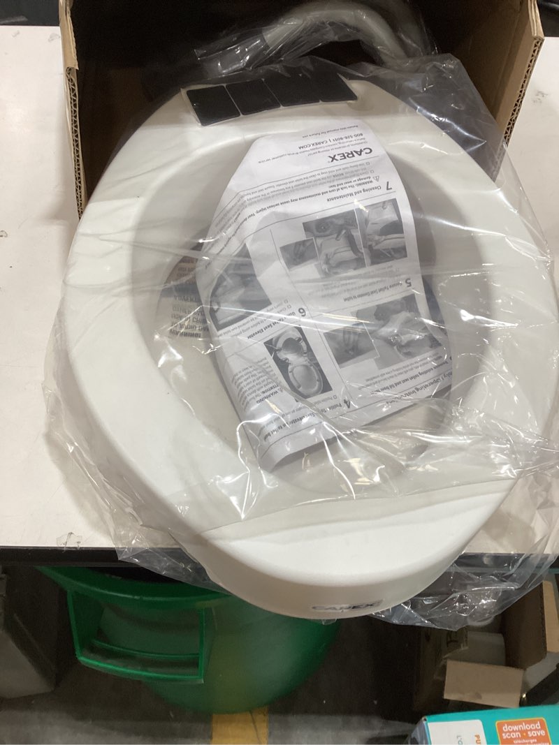 Condition photo showing As Is for carex 3.5 inch raised toilet seat with arms, elongated toilet seat riser, up to 250 lbs capacity, elevating & raising seat for elderly & handicap, universal, slip-resistant with padded handles, white