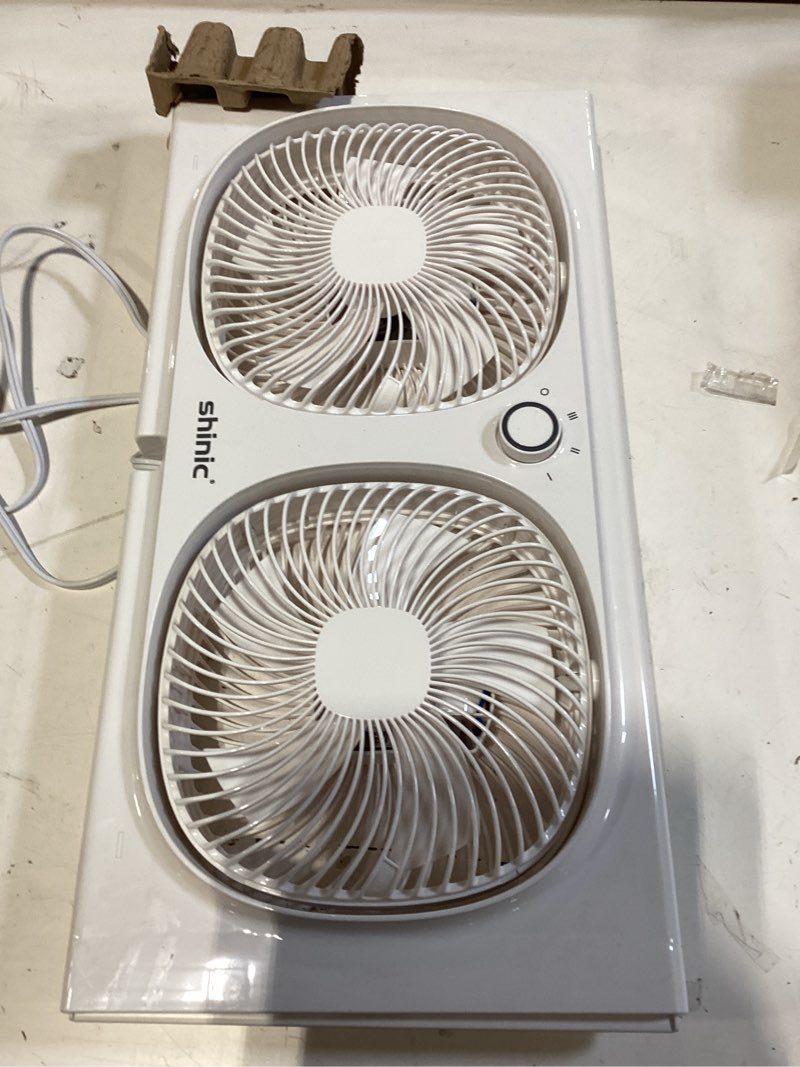 Condition photo showing Good Condition for shinic 9" twin window fan with 180°+90° rotatable fans, 3-speeds, vertical window fan with rigid & accordion expanders, width adjustable (21.65" to 33.27"), ideal for home, kitchen, bedroom, office