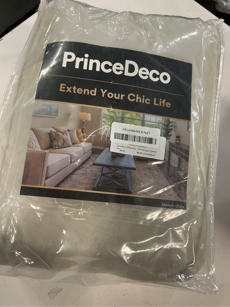 Condition photo showing New/Like New for princedeco velvet couch covers for sofa soft 4 pieces couch covers for 3 cushion couch sofa pet friendly furniture protector with non slip elastic bottom width up to 90 inch(large, oatmeal) oatmeal large(72"-90")