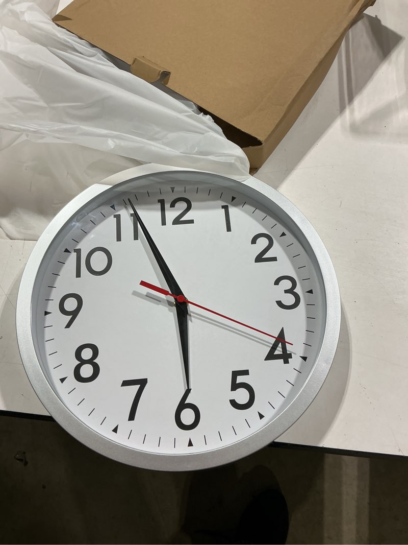 Condition photo showing Good Condition for daxsmy 12 inch wall clock battery operated silent non ticking analog modern decorative for office kitchen outdoor living room classroom bedroom bathroom school(silver) b-silver 12"