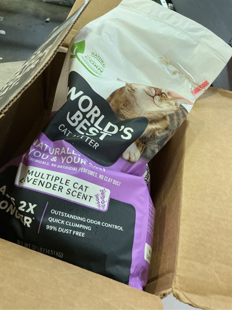 Condition photo showing As Is for WORLD'S BEST CAT LITTER Multiple Cat Lavender Scented 32-Pounds - Natural Ingredients, Quick Clumping, Flushable, 99% Dust Free & Made in USA - Calming Fragrance & Long-Lasting Odor Control