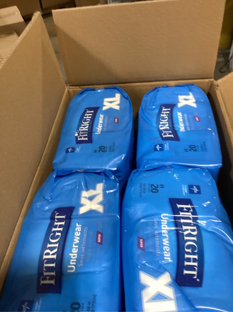 Condition photo showing New/Like New for fitright super adult incontinence underwear, maximum absorbency, x-large, 56-68, 4 packs of 20 (80 total) x-large (80 count)
