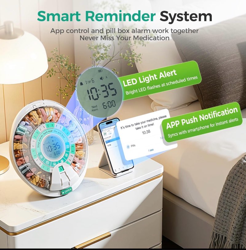 Betife Automatic Pill Dispenser,28-Day Smart Bluetooth Pill Box, App Support Automatic Pill Case with 6 Alarms & Light Reminder, Monthly Timer Dispenser,Electronic Medication Management for Seniors Green