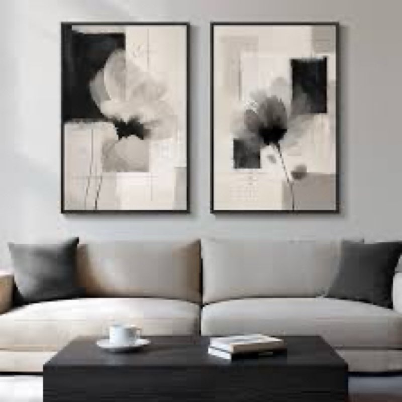 Large Framed Neutral Abstract Floral Wall Art, Set of 2 Black and Beige Modern Canvas Prints Paintin