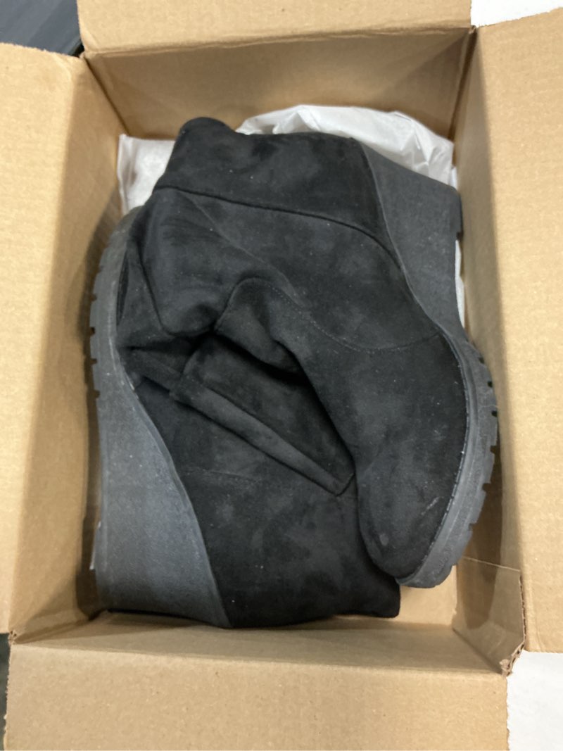 Condition photo showing As Is for rismart Women Mid Calf Slouch Boot Wedge Heel Thin Fur Lined Suede Leather Winter Shoes 9 Black
