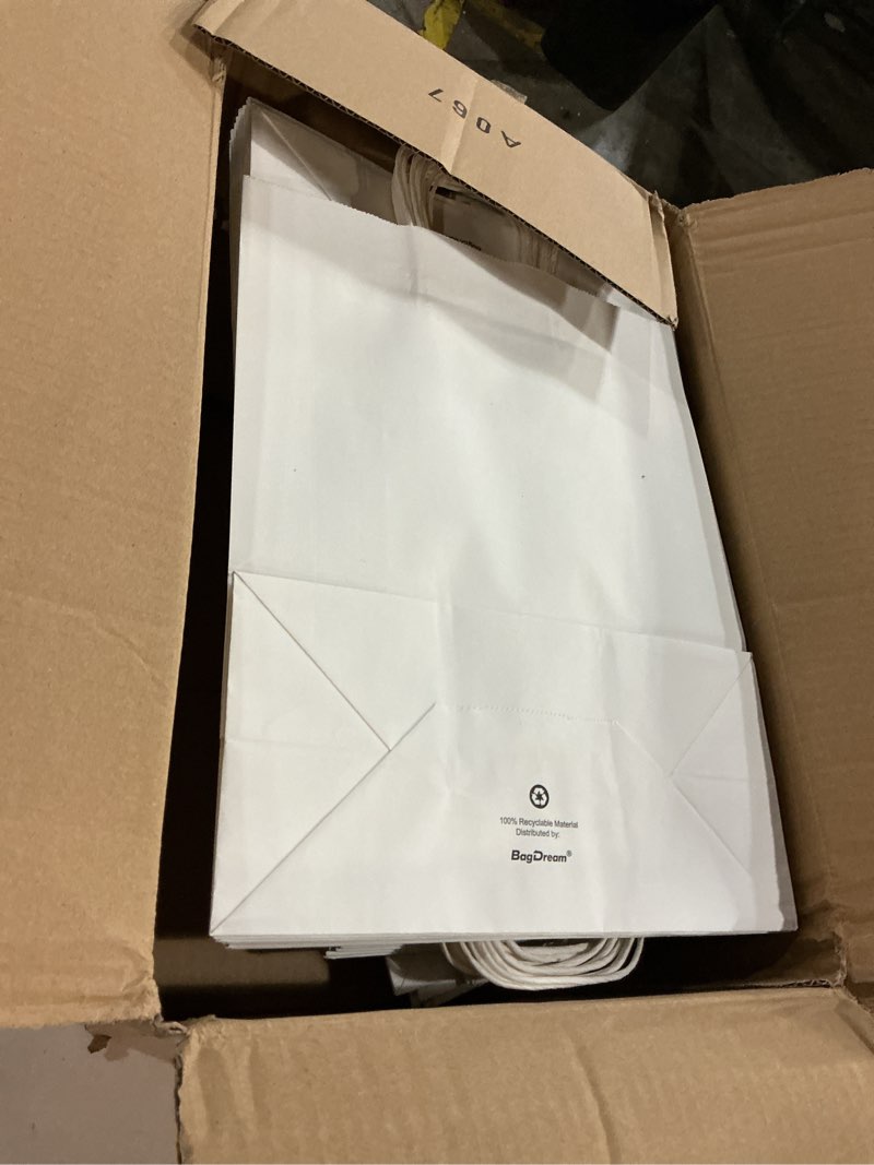 Condition photo showing New/Like New for BagDream 75Pcs Kraft Paper Bags 5x3x8& 8x4.25x10& 10x5x13, White Gift Bags with Handles Bulk, for Craft, Merchandise, Retail, Grocery, Recyclable Undecorated Paper Sacks