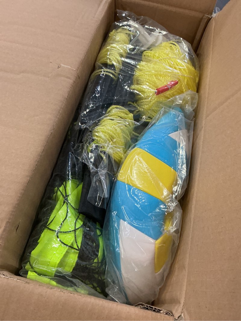 Condition photo showing Good Condition for portable outdoor volleyball net set for backyard beach with adjustable poles, soft pu volleyball & pump, carry bag and durable anti-sagging net 32ft black and green
