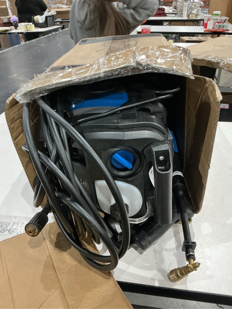 Condition photo showing As Is for electric pressure washer, 5000psi 4.0gpm heavy duty power washer with 33 ft extension hose, 4 quick connect nozzles and foam cannon for cars/fences/driveways/patios/home cleaning, blue