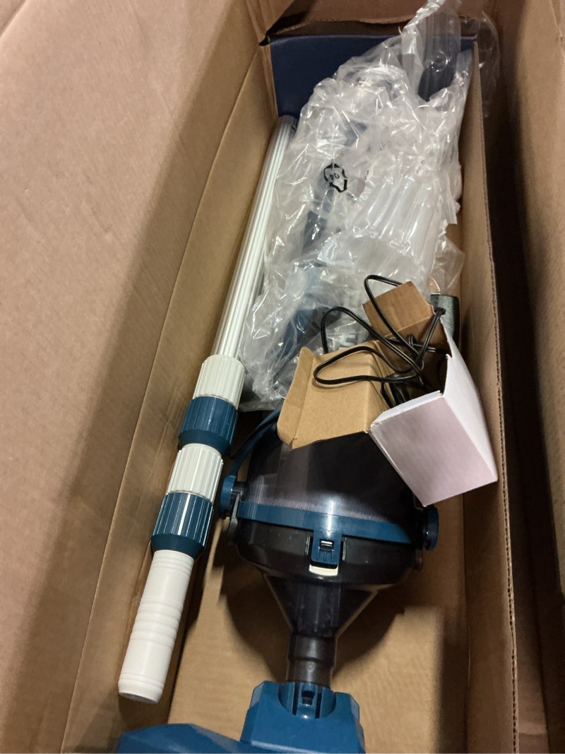 Condition photo showing As Is for pool vacuum for above ground pool with a telescopic pole, running time up to 1h, handheld rechargeable pool cleaner with powerful suction up to 18.5 gallons/min, ideal for leaves & debris, pc10 pc10 blue