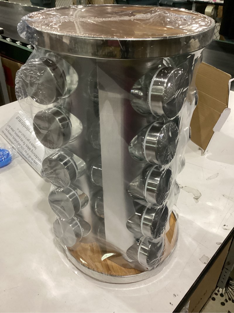 Condition photo showing New/Like New for revolving spice rack set with 20 spice jars, kitchen spice tower organizer for countertop or cabinet -- carousel storage includes 386 spice labels -- desktop rotating seasoning organizer 20 jars wood