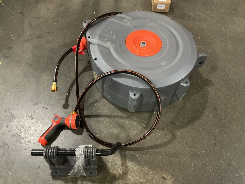 Condition photo showing As Is for upgraded retractable garden hose reel 1/2" x 155 ft pro 180° swivel metal bracket automatic retract heavy duty hose reels wall mount any length lock 9 pattern nozzle garden watering 155ft 1/2inch metal bracket