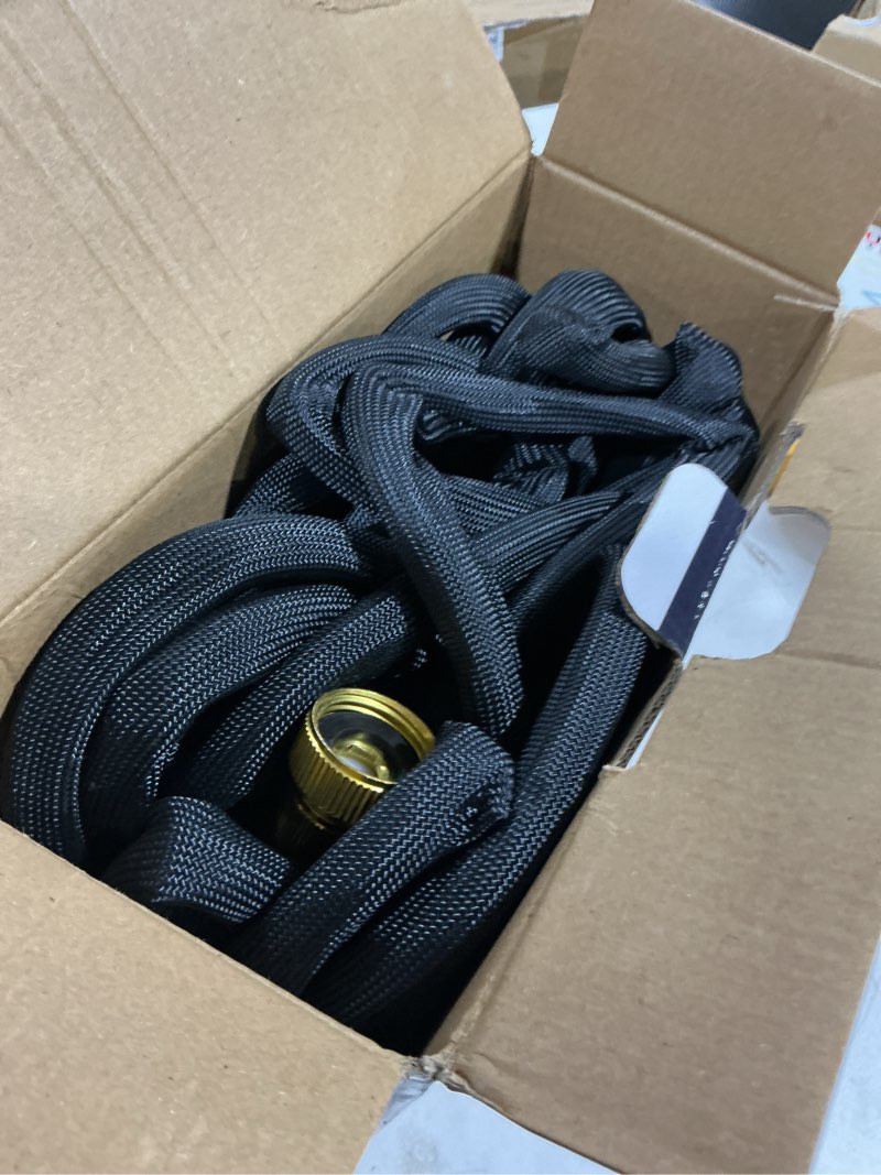 Condition photo showing As Is for flexible garden hose 75 ft, ultra lightweight water hoses 75ft w/10 function sprayer and 3/4" brass fittings, kink-free, sturdy, abrasion resistant for yard, lawn, outdoor and gardening(black) 75ft black