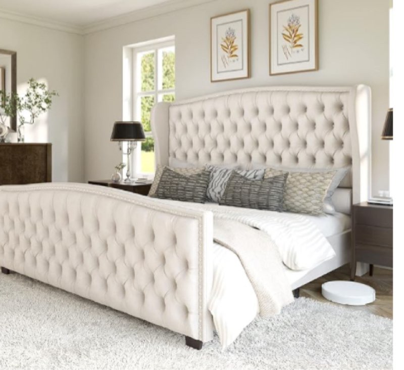 DuJuan Deep Button Tufted Upholstered Bed with Nailhead Trim Wingback Headboard Size: King, Color: Cream