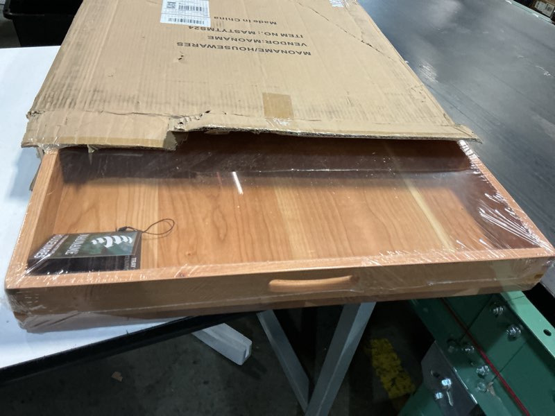 Condition photo showing New/Like New for MAONAME Large Cherry Wood Serving Tray with Handles, 24 inches Square Ottoman Tray, Wooden Serving Board for Party Breakfast Dinner, Classic Charcuterie Board for Meat, Cheese & Appetizers 24" x 24"