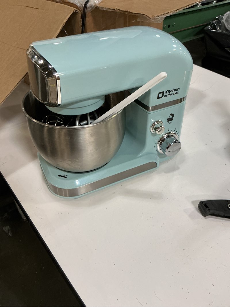 Condition photo showing As Is for kitchen in the box stand mixer,3.2qt small electric food mixer,6 speeds portable lightweight kitchen mixer for daily use with egg whisk,dough hook,flat beater blue