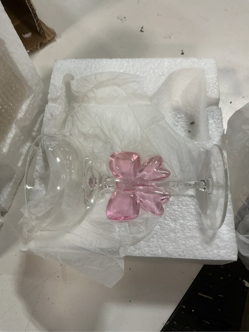 Condition photo showing As Is for  ( incomplete ) 2 Pack Bow Wine Glasses Pink Bow Clear Cocktail Glasses 6.8 oz Delicate and Elegant Pink Coupe Decorative Coquettish Container for Weddings Birthdays High-end Crystals