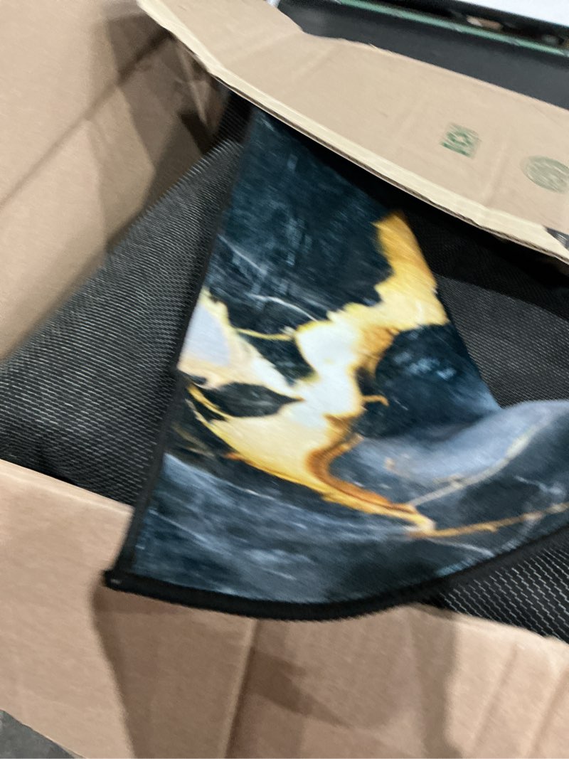 Condition photo showing Good Condition for similar))runner rug, blue and gold abstract ink design, printing, moisture barrier area rugs, fade resistant, flame resistant, quick dry, stain
