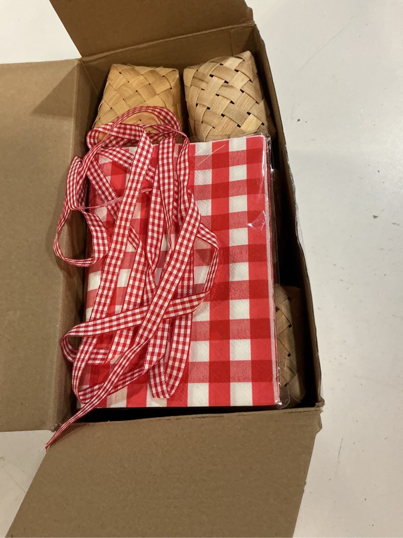 Condition photo showing New/Like New for geelin 12 pcs mini woven basket with handle 20 sheet red and white gingham paper napkins wood chip mini flower fruit picnic basket chip for easter spring wedding party gift decoration (medium) medium 12