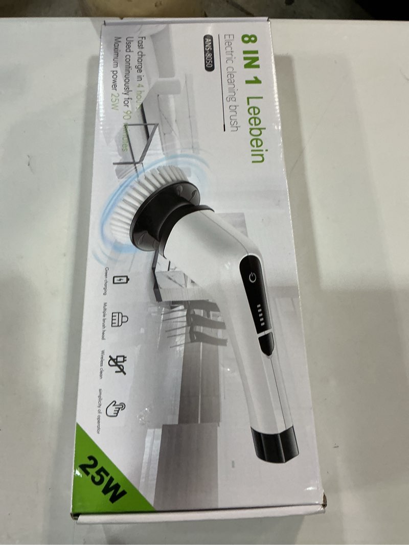 Condition photo showing New/Like New for leebein electric spin scrubber, cordless cleaning brush with 8 replaceable brush heads, tub and floor tile power scrubber dual speed with adjustable & detachable handle for bathroom tub (all black)