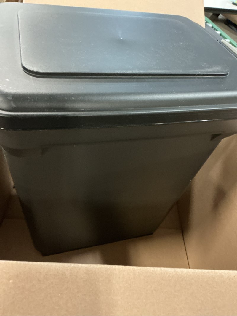 Condition photo showing As Is for iris usa airtight dog food storage container, weatherpro, up to 40 lbs, removable wheels, for dog cat bird and other pet food storage bin, keep fresh, translucent body, made in usa, smoke/black 40 lbs smoke