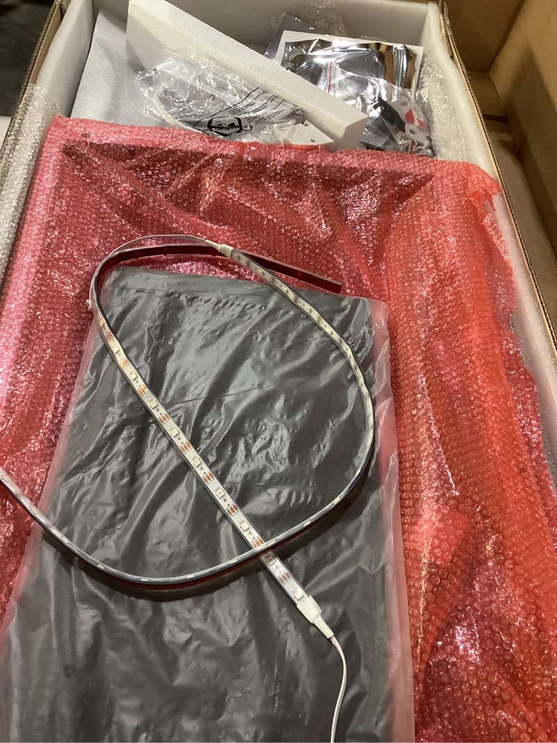 Condition photo showing New/Like New for L Shaped Gaming Desk with Desk Extender, Smart Corner Computer Desk with LED Lights & Power Outlets, Monitor Stand, Storage Bag, for Work, Home Office, Bedroom, Study (White)