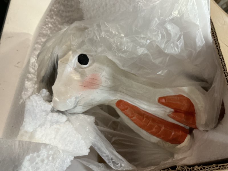 Condition photo showing As Is for yookeer 13 inch easter large bunny sculpture decoration spring resin rabbit figurines statue with carrot easter centerpieces for home table decor indoor outdoor farmhouse party yard garden