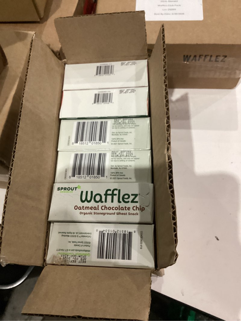 Condition photo showing As Is for Sprout Organics, Toddler Snacks, Oatmeal Chocolate Chip, Single Serve Waffles (50 Count) Oatmeal Chocolate Chip 50 Waffles