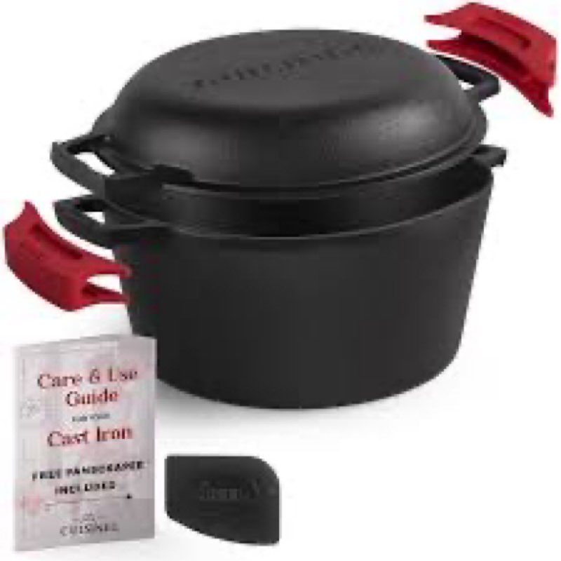 QuliMetal Seasoned Cast Iron Cookware Set, 5-Piece Bundle – 11" Grill Pan, 12" Skillet, 5QT Dutch Ov