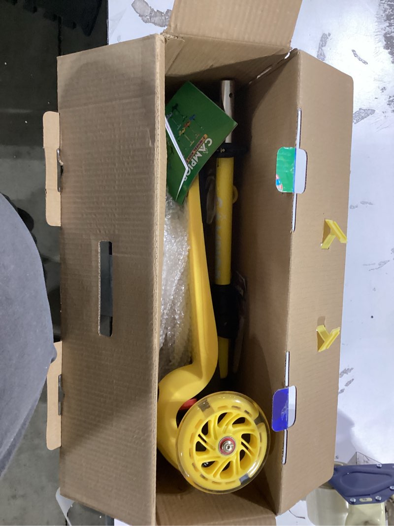 Condition photo showing Good Condition for yellow mini 3 wheel scooter for kids – lean-to-steer with led light-up wheels, adjustable handlebar, wide anti-slip deck, smooth pu wheels, rear foot brake – toddler scooter for ages 2+