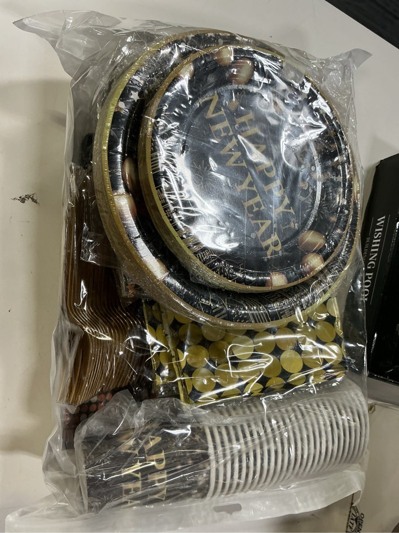 Condition photo showing New/Like New for katchon, huge new years eve party supplies 2026 - pack of 231 | wall banner, plates, napkins, tablecloth, hats, table cover & balloons for happy new year decorations | new years eve decorations 2026 black & gold
