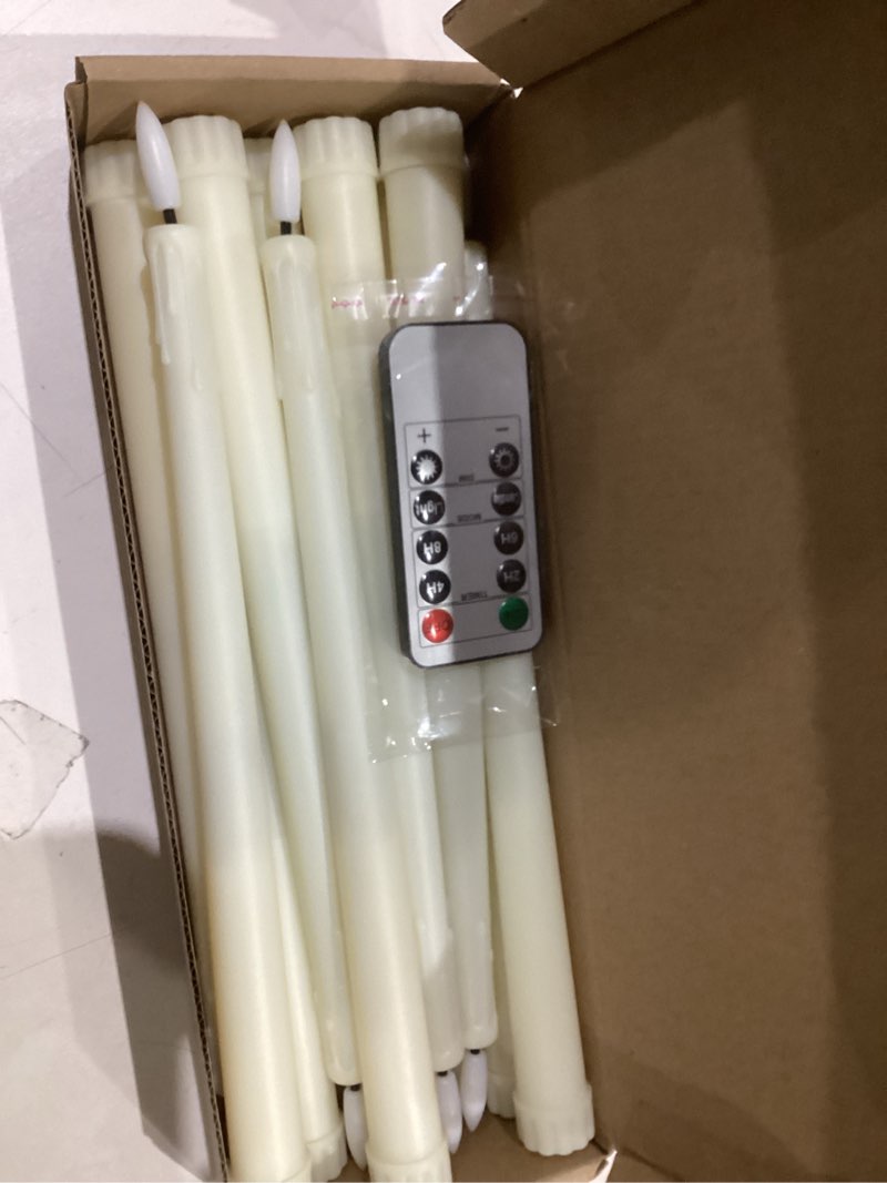 Condition photo showing Good Condition for 12 Pcs Flameless Taper Candles with Remote Timer, 11" Long Battery Operated Taper Candles, Flickering 3D Flame, Plastic Fake LED Candlesticks for Home Wedding Party Holiday Decor, Ivory 12 Taper