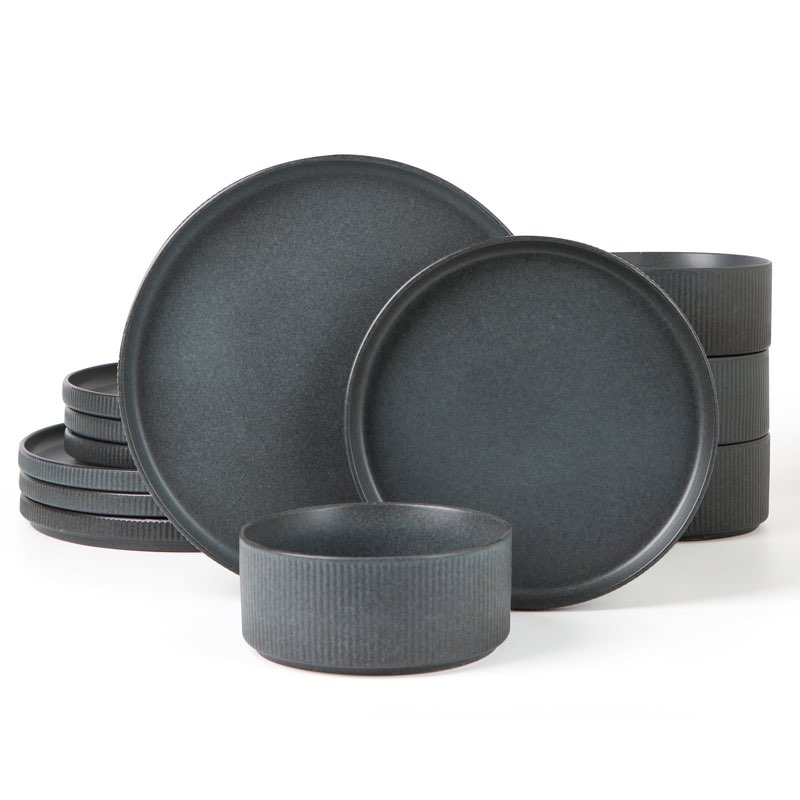 Famiware Star Stoneware Dinnerware Set, 12-Piece, Matte Dark Charcoal