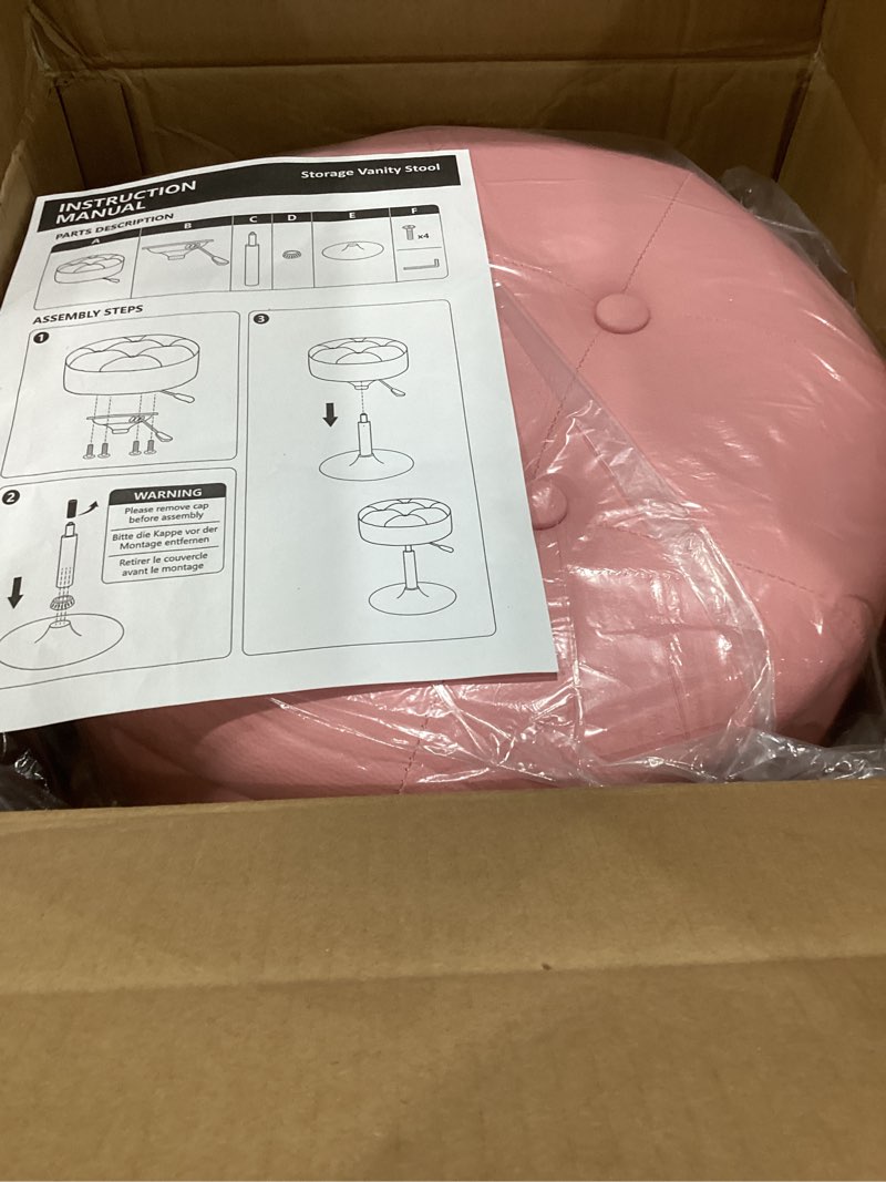 Condition photo showing Good Condition for Vanity Stool with Storage, Makeup Room Seat Chair, Adjustable Height 17.9" to 24.4", PU Leather Round Vanity Chair with Removable Tray, Bathroom, Bedroom, Office, 360° Swivel Stool, Pink