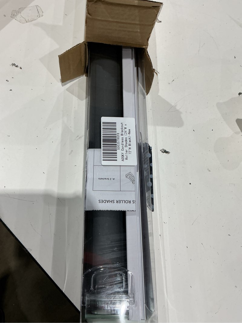 Condition photo showing Good Condition for aosky cordless roller shades blackout blinds for windows room darkening rolled up shades with spring system, uv protection window shades door blinds for home and office (24" w x 72" h, black) 24"w x 72"h black