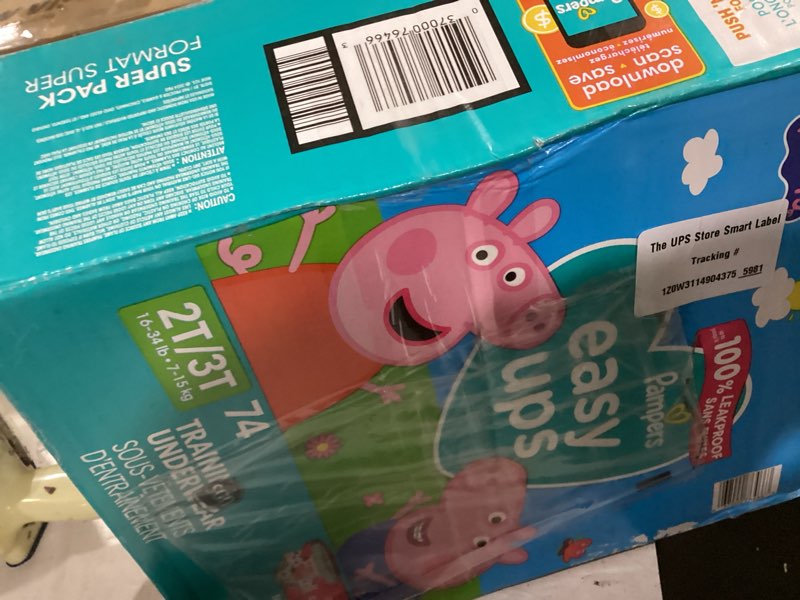 Condition photo showing As Is for pampers training pants - easy ups girls & boys - size 2t-3t, 74 count, peppa pig potty underwear (packaging may vary) 2t-3t 74