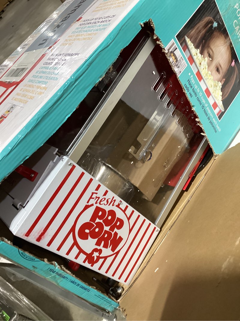 Condition photo showing Good Condition for Not tested Nostalgia Popcorn Maker Machine - Professional Cart With 2.5 Oz Kettle Makes Up to 10 Cups - Vintage Popcorn Machine Movie Theater Style - Red & White Vintage Red & White