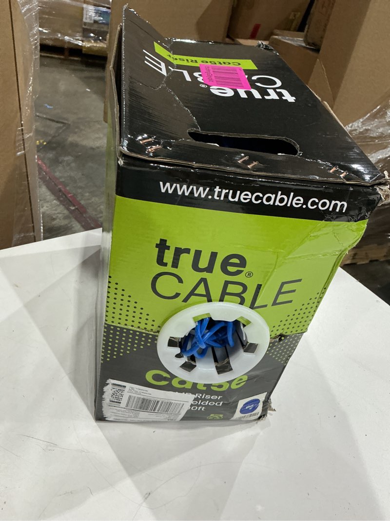 Condition photo showing New/Like New for truecable cat5e riser (cmr), 1000ft, blue, 24awg 4 pair solid bare copper, 350mhz, poe++ (4ppoe), etl listed, unshielded twisted pair (utp), bulk ethernet cable unshielded blue