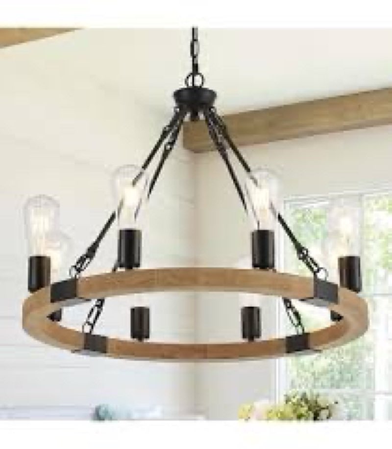 Farmhouse Wooden Wagon Wheel Chandelier 8 Lights 23.8'' Vintage Wood Round Chandelier Rustic Black P