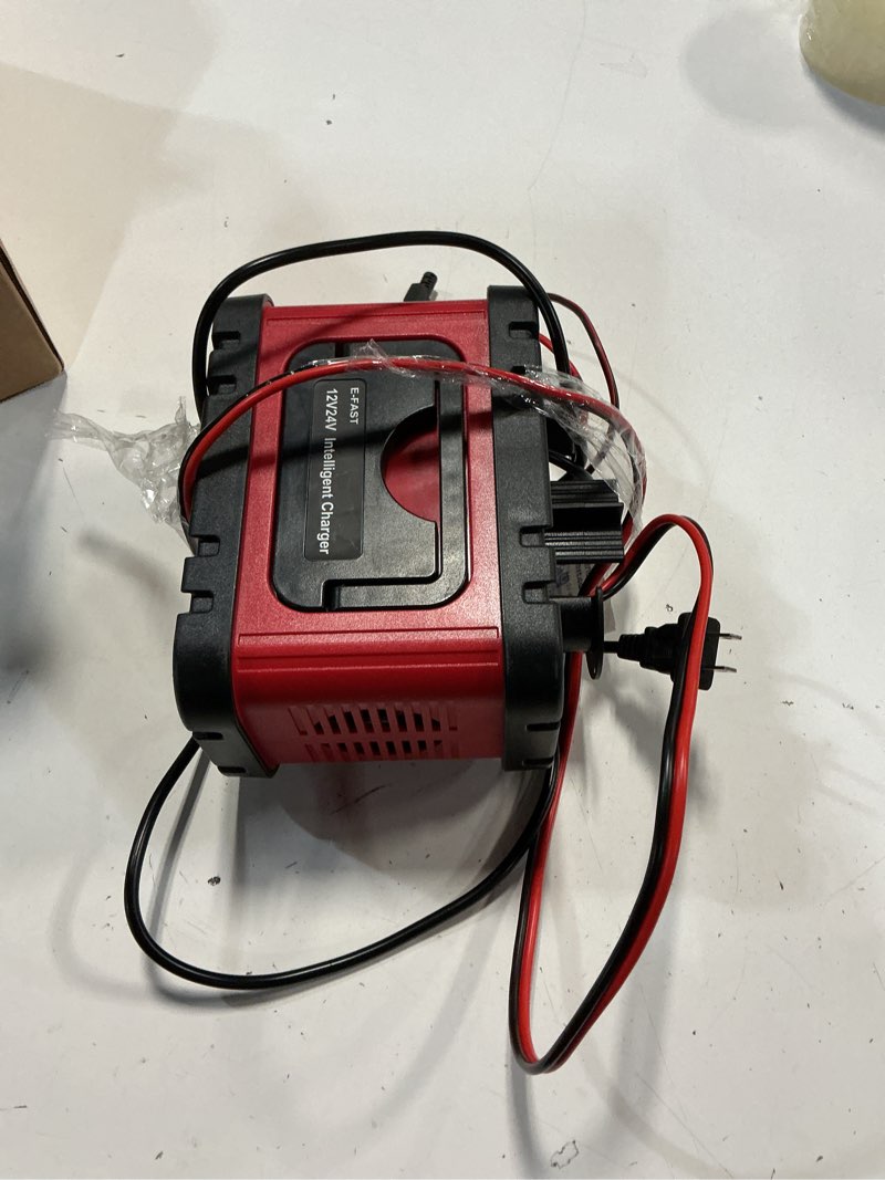 Condition photo showing As Is for car battery charger-10-amp 12v and 24v fully-automatic smart car battery charger,maintainer trickle charger for car truck motorcycle lawn mower marine lead acid batteries, red