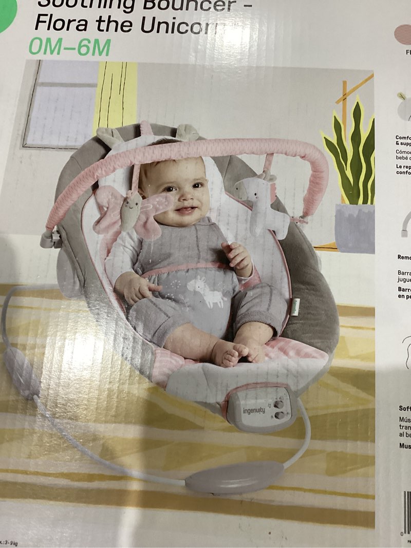 Condition photo showing New/Like New for Ingenuity Soothing Baby Bouncer Infant Seat with Vibrations, -Toy Bar & Sounds, 0-6 Months Up to 20 lbs (Pink Flora the Unicorn)