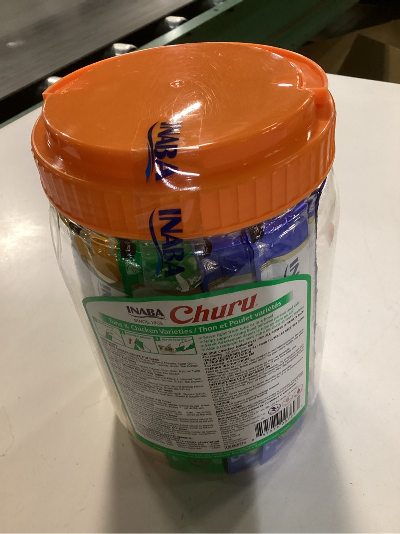 Condition photo showing Good Condition for INABA Churu Cat Treats, Grain-Free, Lickable, Squeezable Creamy Purée Cat Treat/Topper with Vitamin E & Taurine, 0.5 Ounces Each Tube, 50 Tubes, Tuna & Chicken Variety Tuna and Chicken Variety 0.5 Ounce (Pack of 50)