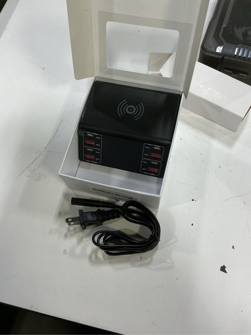 Condition photo showing Good Condition for usb charger, asometech 100w 8 port multiple usb charging station with 4 quick charge 3.0, 4 usb c pd port, wireless charger, lcd display fast charging hub for iphone 13 12 ipad samsung and more black