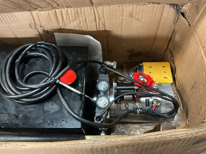 Condition photo showing As Is for 6-quart hydraulic pump, dump trailer double acting power lift, double acting dump trailer pump, hydraulic power pump, 12v dc hydraulic pump