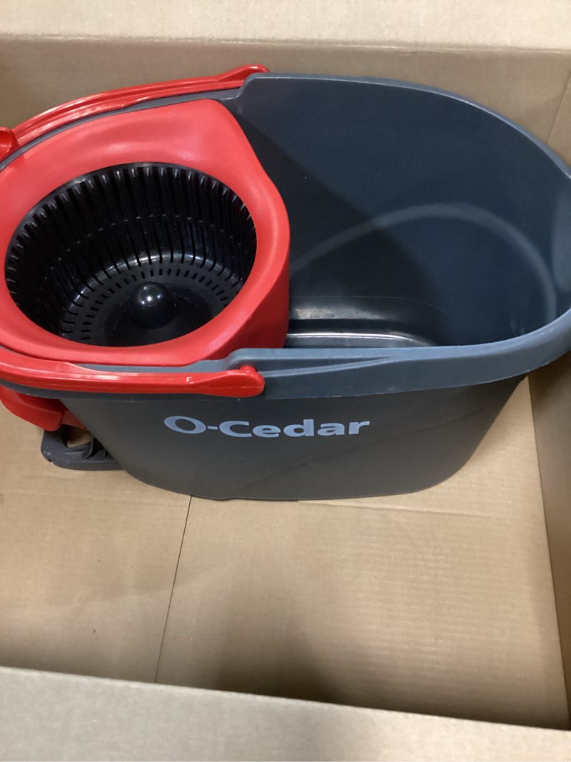 Condition photo showing As Is for o-cedar easywring microfiber spin mop & bucket floor cleaning system + 2 extra refills, red/gray spin mop & bucket with 2 extra refills