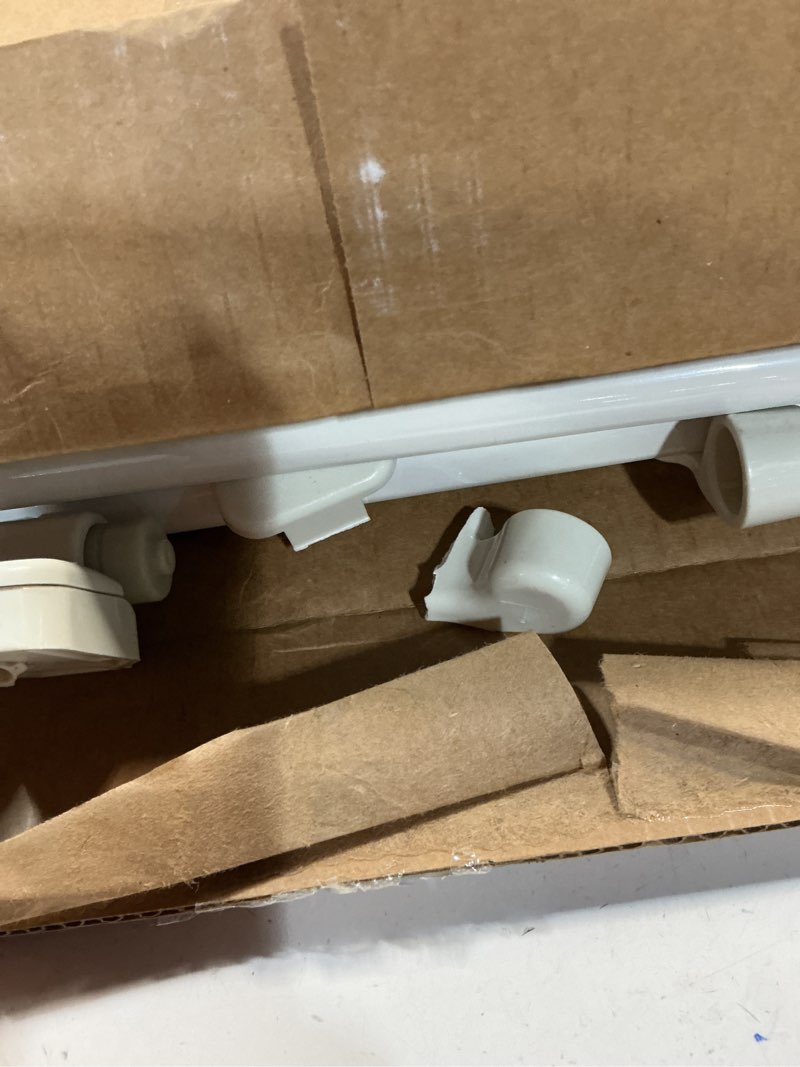 Condition photo showing As Is for Mayfair Linden Slow Close Toilet Seat, Non Slip Heavy Duty Wood, Easy Install, Round, White Round Traditional Hinge
