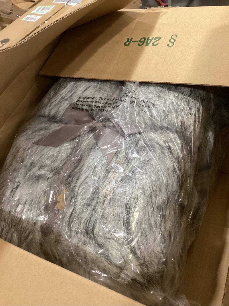 Condition photo showing Good Condition for battilo home wolf faux fur blanket, extra large fox fur throw blankets for couch, bed, super soft, fluffy, eelegant, grey with black tips blanket reversible to plush velvet, (grey, 60"x80") grey 60"x80"