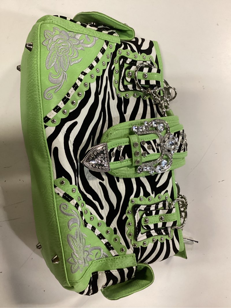 Condition photo showing Good Condition for dual end pockets stoned buckled shoulder bag lime green zebra