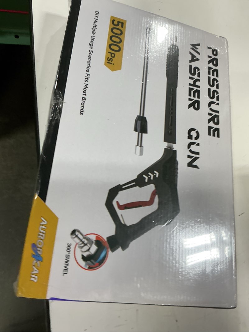 Condition photo showing New/Like New for pressure washer gun with swivel, with replacement wand extension, with m22 14mm & 15mm fitting, 3/8" quick connect plug, 5 nozzle tips with nozzle holder, 5000psi, 41 inch, stainless steel
